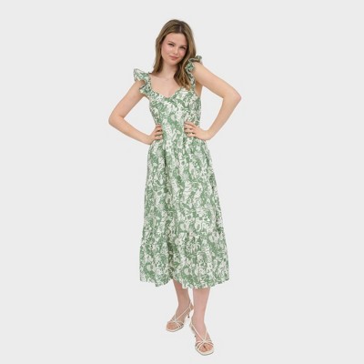 August Sky Women's Sweetheart Neckline Multi Print Midi Dress