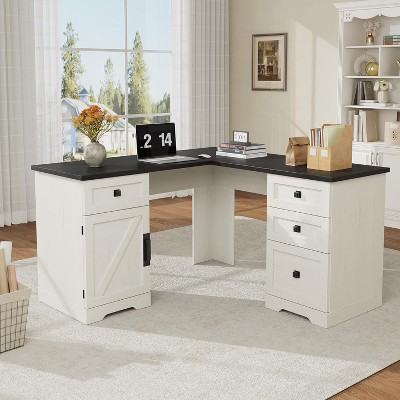 60" Executive L Shaped Desk, Home Office Desk with File Drawers and Storage Cabinet, Corner Computer Desk with Adjustable Side Storage Cabinet