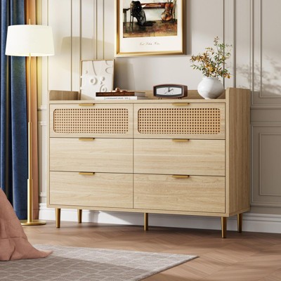 6 Drawer Double Dresser for Bedroom, Modern Chest of Drawers with Rattan Accents, Wooden Storage Organizer for Living Room, Hallway, Entryway