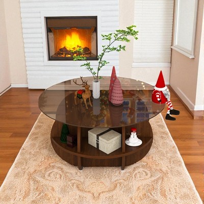 31.5" Round Dining Table, Coffee Table with Storage, Modern Farmhouse Center Table with Tempered Glass Top & Wooden MDF Frame for Living Room
