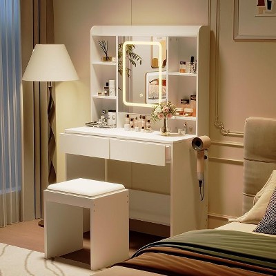 Vanity Desk with Mirror & Lights , 3 Color Modes, USB Outlets, Hidden Storage, , Makeup Table Set with Adjustable Lighting