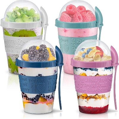 Tribello On-the-Go Yogurt Parfait Cups with Lids, Topping Compartments & Spoon - 20 oz - Pack of 4