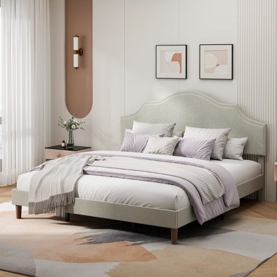 KTMBDW Bed Frame Upholstered Platform Bed with Adjustable Headboard, Soft Fabric, Retro Style Platform Bed No Box Spring Needed, Beige