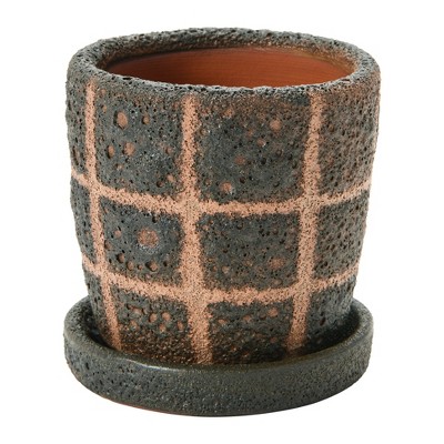 Storied Home Terra-cotta Planter with Saucer & Grid Pattern, Black (Holds 3" Pot)