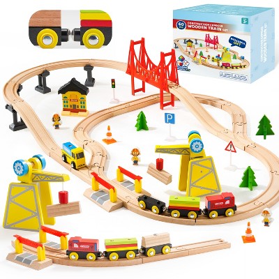 Joyfy 60/110PCS Wooden Toy Train Set for Kids Toddlers 2-8 Train Tracks Railway Playset Educational Construction Toy Boy Girl Birthday Christmas Gift