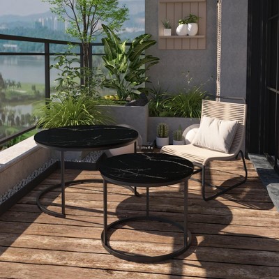 Okak Round Coffee Table Set 2 Side Tables Patio End Table Nightstand Marble Pattern Nesting Outdoor&Indoor for Yard Bedroom Balcony