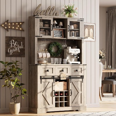 72" Farmhouse Bar Cabinet with Sliding Barn Door, Kitchen Buffet with Hutch, Wine Rack, Drawers, and Storage Shelves, Grey