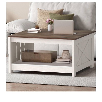 Farmhouse Square Coffee Table with Open Storage Compartment Wood Cocktail Table For Living Room Organizer