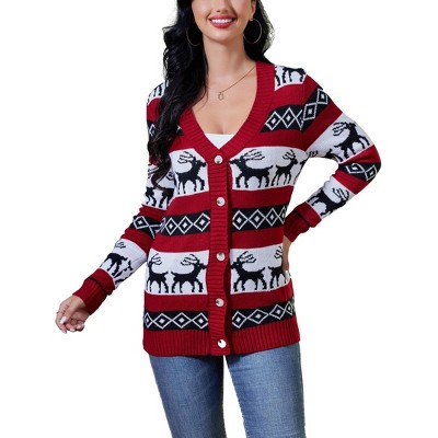 Women's Christmas Cardigan Sweater - Red & White Knit Pullover with Reindeer Pattern