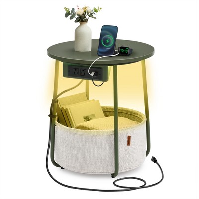 VASAGLE Side Table with Charging Station, Round End Table With Fabric Storage Box, for Living Room with Power Outlets USB Ports