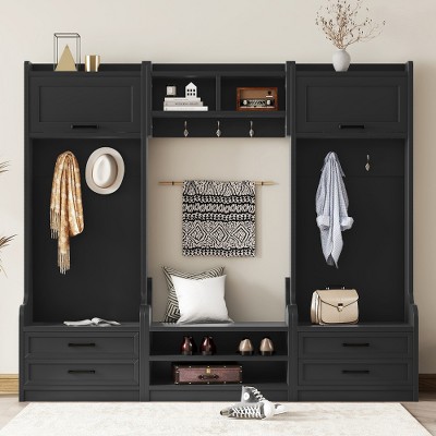 Akoasm 70 in. H Multiple Functions 4-in-1 Entryway Coat Rack with Storage Drawers and 7 Hooks For Entryway and Hallway-Black