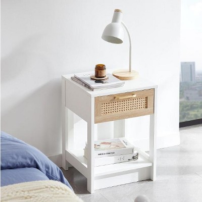 KTMBDW 2 Tier End Table, Rattan Side Table with Solid Wood Legs, Boho Bedside Table with Drawer and Storage Shelf, Nightstand for Bedroom