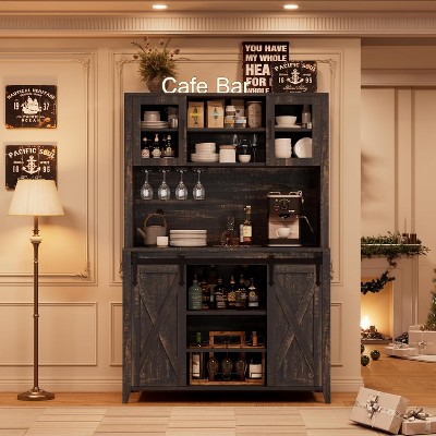 70'' Tall Farmhouse Coffee Bar Cabinet with Sliding Barn Door, Tall Sideboard Buffet with Glass Holder, Wine Bar Cabinet for Dining Room, Home Bar