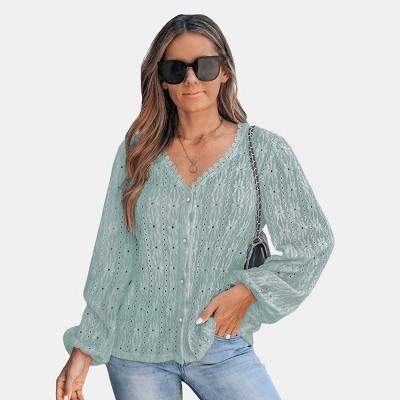 Women's Mint Green Crochet Lace Button-Up Blouse - Cupshe