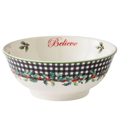 Spode Christmas Tree Revere Bowl - Checkered Exterior & Holly Accents, Festive Candy Dish or Snack Bowl with Sentiments Inside, 6" Porcelain