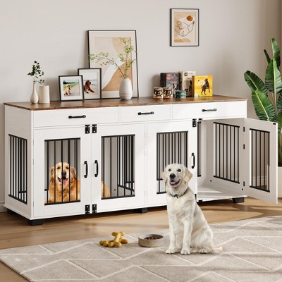 71 Inch Dog Crate Furniture for 2 Rooms, Wooden Double Crate Large Breed with Door, Dog Kennel Indoor