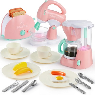 Joyfy Pretend Play Kitchen Appliances Toy Set with Coffee Maker Machine, Mixer and Toaster with Realistic Light and Sounds for Kids Ages 4-8, Pink