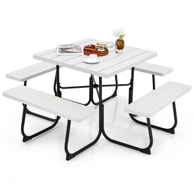 Costway Outdoor 8-person Square Picnic Table Bench Set with 4 Benches & Umbrella Hole Black/Grey/Green/White