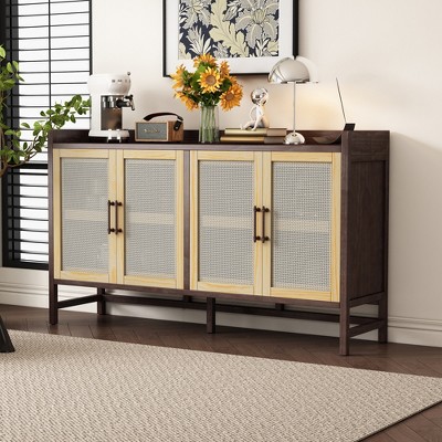 Sideboard Rustic Buffet Cabinet, sideboard cabinet with Decorative Rattan Doors, Buffet Cabinet with Storage for Kitchen Living Room,Walnut