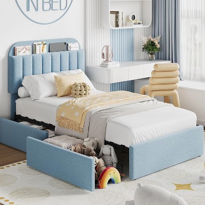 Boucle Twin Bed Frame w/Bookcase Headboard & 2 Drawers, Kids Platform Bedframe, Easy Assembly, No Box Spring, Noise Free