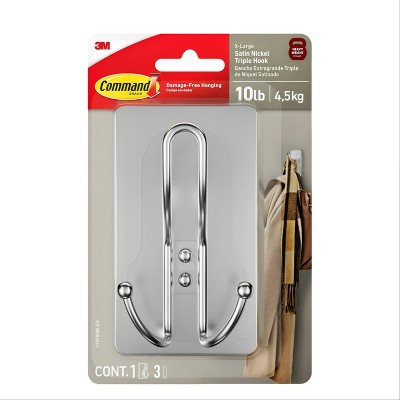 Command Extra Large Satin Nickel Triple Hook: Heavy Duty Adhesive Towel Holder, Plastic, Clear, 6.7" Height, 1 Pack