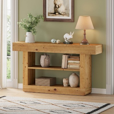 Tribesigns 63-Inch Solid Wood Console Table for Entryway, 3-Tier Sofa Table with Storage, for Living Room, Hallway, Entrance, Foyer, Brown