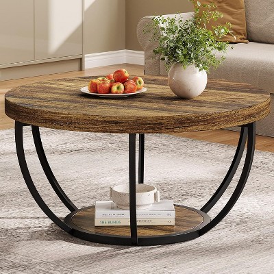 Round Coffee Table, 31.7inRustic Brown Wooden 2-Tier Circle Coffee Table with Storage Shelves, Modern Table Center Table for Living Room