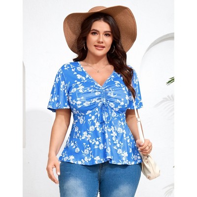 Coolmee Women's Plus Size Shirts V Neck Front Drawstring Casual Tunic Tops Short Sleeve Tightened Waist Floral Print Swing Blouse 5XL Blue