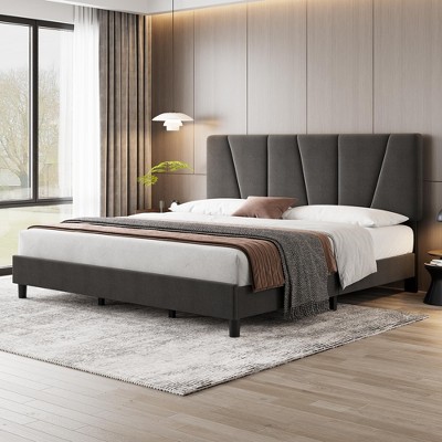 homfan Four Size Bed Frame with Adjustable Headboard, Linen Upholstered Platform Bed Frame with Strong Wooden Slats, No Box Spring Needed