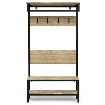 TiramisuBest Natural Oak Hall Tree: Multistorage Marvel with 1 Mirror and Adjustable Legs for Customized Functionality!