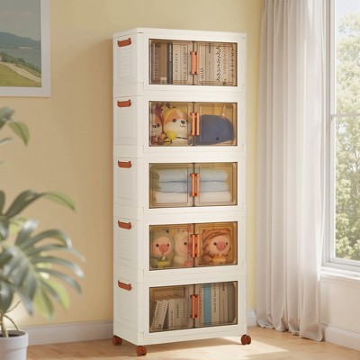 VECELO 3/4/5 Tier Stackable Storage Bins with Lid, Folding Storage Cabinet with Double Door & Wheels, Milky White