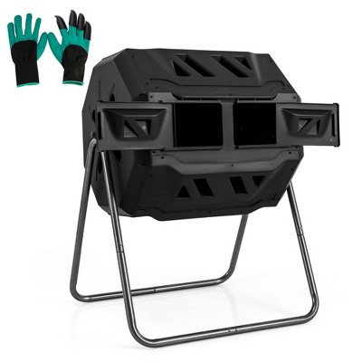 Costway 42-Gal Compost Bin Dual Chamber Composting Tumbler with 2 Sliding Doors Metal Frame Black/Green