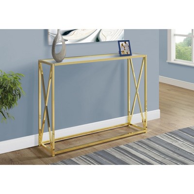 Metal Console Table with Clear Tempered Glass Top and X-Design Base, Modern Entryway or Sofa Table