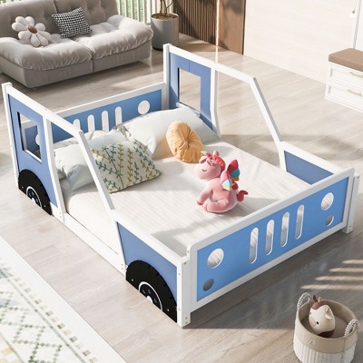 CAVINAS Full Size Bed Frame, Classic Car-Shaped Platform Bed with Wheels for Bedroom, Blue