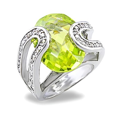 Slickblue Women's Rhodium-Plated Brass Ring with Apple Green CZ, Oval Cut Design, Single-Tone, Size 5-10
