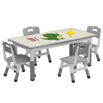 Kids Table and 4 Chairs Set, Height Adjustable Toddler Table and Chair Set, Graffiti Desktop, Children Multi-Activity Table for 4