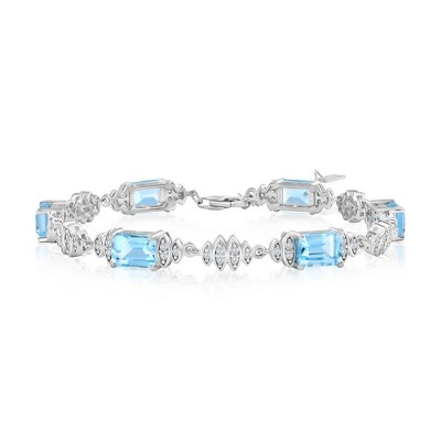 Simona Sterling Silver, Blue Topaz & White Topaz Tennis Bracelet (8.98cttw) - Blue - 6.5+1 Inch