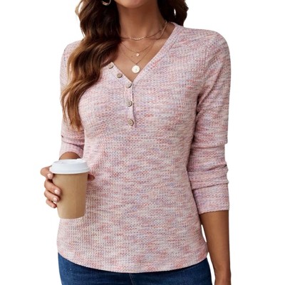 Womens Waffle Knit Top V Neck Long Sleeve Henley Shirts Button Up Fall T Shirt