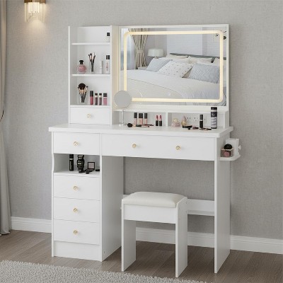 Homy Casa Vanity Table with Lighted Mirror, Stool and Storage Drawers for Bedroom or Dressing Room