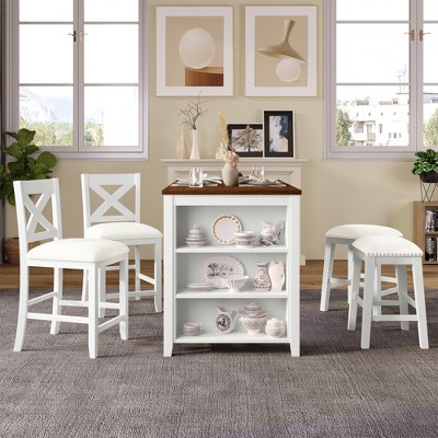 5-Piece Rustic Farmhouse Dining Table Set Dining Set with Counter Bar Height Dining Table, 2 Dining Chairs and 2 Stools, Gray/White-ModernLuxe