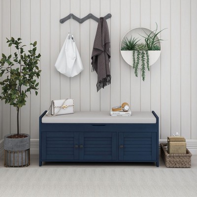 CENGHU Storage Ottoman Bench with 3 Shutter-shaped Doors, Entryway Bench with Removable Cushion and Hidden Storage Space