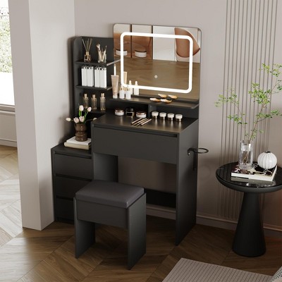 36-Inch Makeup Vanity Desk, Modern Vanity Table for Bedroom, 4 Large Drawers, 3 Lighting Modes, Storage Shelves for Bedroom