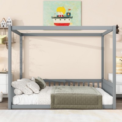 Full Size Canopy Bed Floor Bed Frame with Guardrails - ModernLuxe