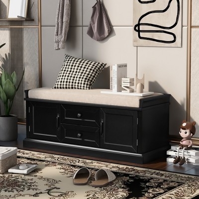 Entryway Storage Bench with 2 Drawers and 2 Cabinets, Shoe Bench with Removable Cushions-ModernLuxe