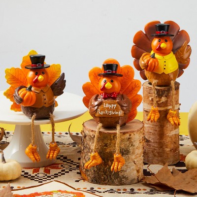 Joyfy 3 Pcs Resin Turkey Figurines with Pumpkins, Thanksgiving Decerations Autumn Party Favors, Tabletop Decoration for Fall Harvest Home Supplies