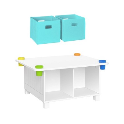 RiverRidge Home Kids' Desk and Art Activity Table 4 Storage Cubbies and Cups White with 2 Bins