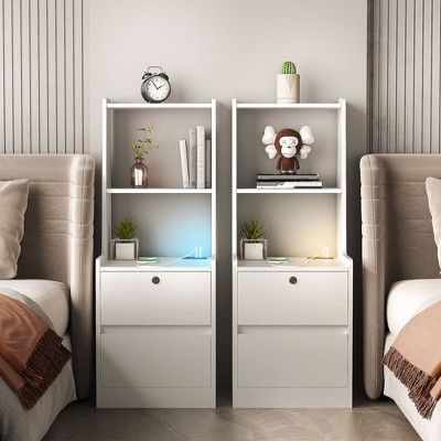 Kumasinova 1PC/2PCS Wood Nightstand with Charging Station,Voice-Control Bedside Table with LED Light,Night Stand with Bookshelf,Bedroom Furniture