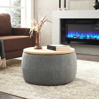 CAVINAS Modern Round Ottoman Bench with Storage,Large Wooden Storage Ottoman for Living Room,Bedroom