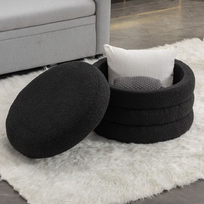 PAGED Round Ottoman With Storage, Boucle Fabric Foot Stool with Reversible Cover Plate for Family Room, Living Room