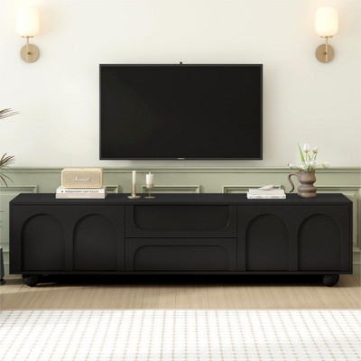 70" Minimalist TV Stand TV Console Entertainment Center Media Console with Drawer, Cabinet and Rebound Device for TVs Up to 75",White/Black-ModernLuxe
